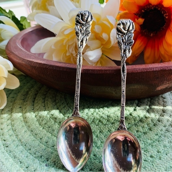 Vintage Other - 💫 VINTAGE | Floral Antique Silver Rare Italian Mini Teaspoon Set of Two